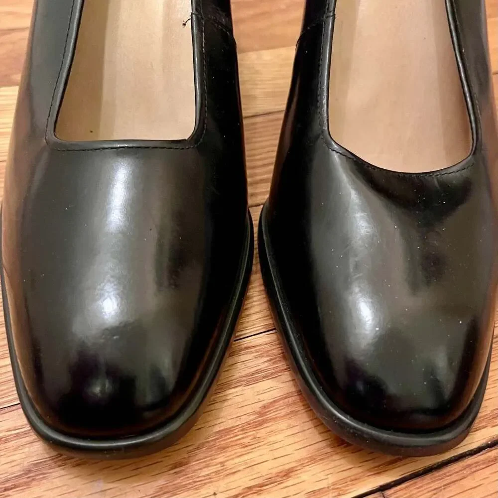 Jacqueline Ferrar Vintage Black Leather Block Heel Pumps Square Toe Shoes 8.5M
